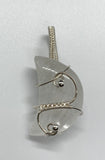 This pendant showcases a luminous quartz crystal carved into a delicate moon shape, beautifully encased in handwoven sterling (.925) and fine (.999) silver wire. The intricate silver weaving highlights the crystal’s natural clarity and gentle glow, creating a piece that is both mystical and elegant.