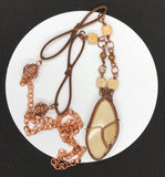 Tumbled River Rock wrapped in copper necklace, with mixed stones, leather and copper accents and chain