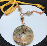 Crazy Lace Agate and Copper Necklace with soft jersey cord.