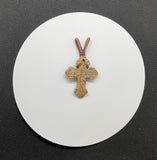 Carved Pictured Jasper Cross Pendant in wire wrapped copper.
