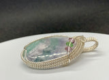 Purple, Green and White Fluorite Pendant in wire wrapped Sterling (.925) and Fine (.999) Silver with Swarovski Bead Accents.