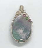 Purple, Green and White Fluorite Pendant in wire wrapped Sterling (.925) and Fine (.999) Silver with Swarovski Bead Accents.