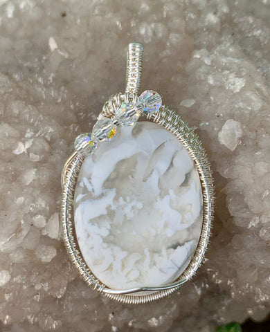 White Plume Agate Pendant in wire wrapped Sterling (.925) and Fine (.999) Silver with Swarovski Crystal Accents.