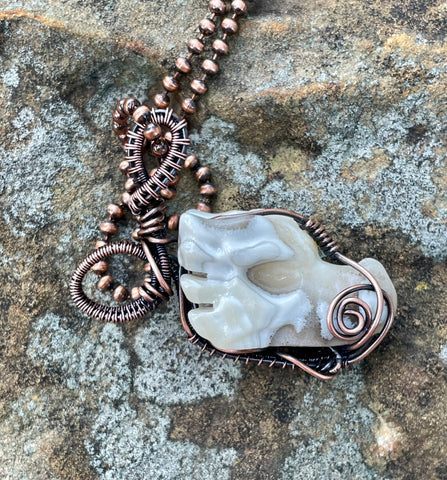 Wire Wrapped Agate Dragon Necklace in Copper. This dragon comes with 2 bails so it can be worn with the side facing out of the nose facing down. 