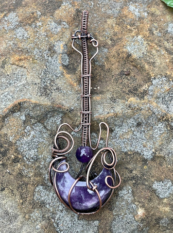 Lepidolite Moon Guitar Pendant in Copper with Amethyst Bead Accent. 