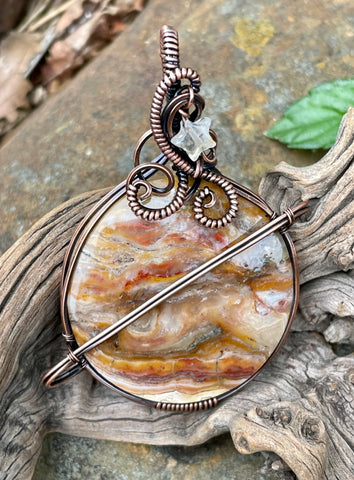 Agate Planet Pendant in Copper with Quartz Star Dangle. 