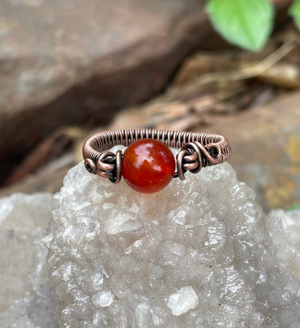 Bright Orange Carnelian and Wire Wrapped Copper Ring.  Size 9. 