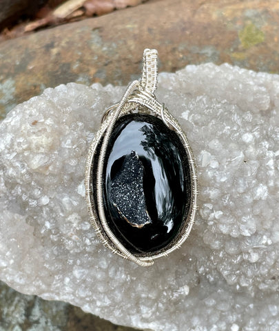 Beautiful shimmering Black Onyx with Druzy Pendant in handwoven Sterling Silver.