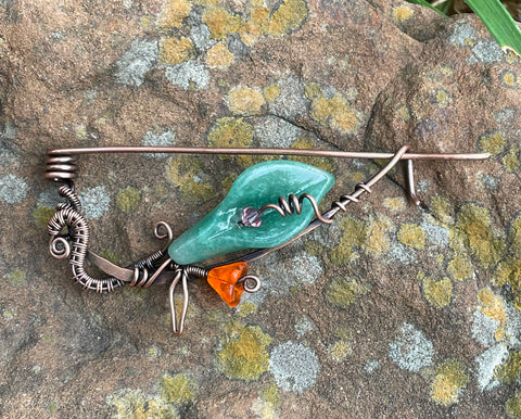 Heavy gauge Copper Floral Aventurine and Crystal Pin.