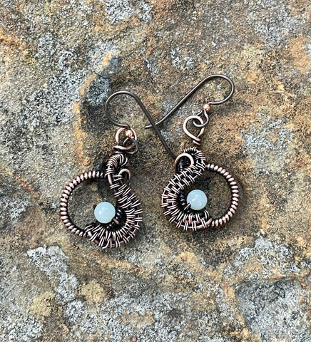 Hypoallergenic Wire Wrapped Copper and Aquamarine Earrings.