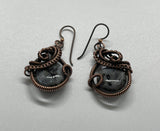 Hypoallergenic Larvikite and Wire Wrapped Copper Earrings. 
