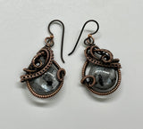 Hypoallergenic Larvikite and Wire Wrapped Copper Earrings. 