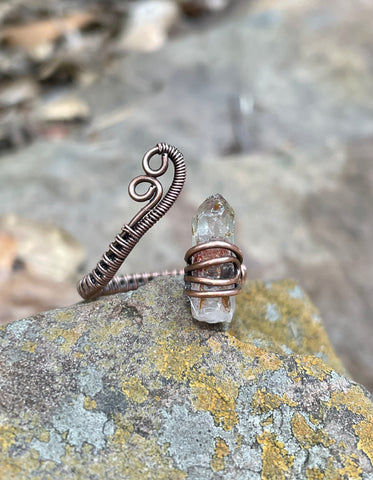 Adjustable Hematite in Quartz Point Ring in Wire Wrapped Copper.