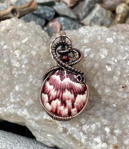 Self collected Beautiful Natural Calico Scallop Sea Shell Pendant wrapped in handwoven Copper with Glass accent bead. 