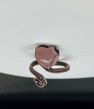 Adjustable Wire Wrapped Copper and Rhodonite Heart Ring.