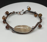 Wire Wrapped Lettered Olive Shell Copper Bracelet with Aqua Nueva Agates.