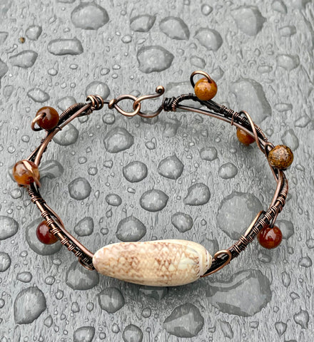 Wire Wrapped Lettered Olive Shell Copper Bracelet with Aqua Nueva Agates.