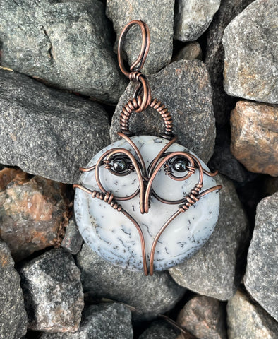 Dendritic Opal Whimsical Owl Pendant in Copper with Hematite eyes.