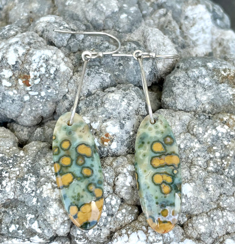 Sterling Silver Indonesian River Jasper Earrings with bright yellow orbs. 