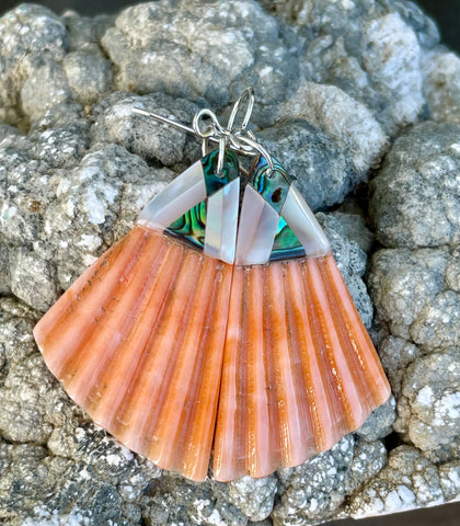 Sterling Silver Orange Spiny Oyster Shell Earrings with inlaid Mother of Pearl and Abalone.;