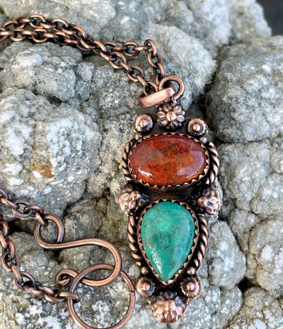 Cuprite and Chrysocolla Necklace set in Copper.