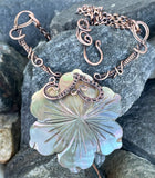 Carved Black Lip Shell Flower Necklace in wire wrapped copper