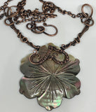 Carved Black Lip Shell Flower Necklace in wire wrapped copper