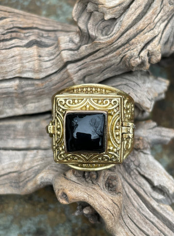 Brass Poison Ring with Black Onyz. Size 8.