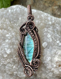 Beautiful Blue / Green Labradorite Pendant in layers on handwoven Copper.