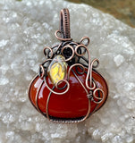 Lovely Orange Carnelian Pumpkin Pendant in Copper with Glass Leaf Accent.