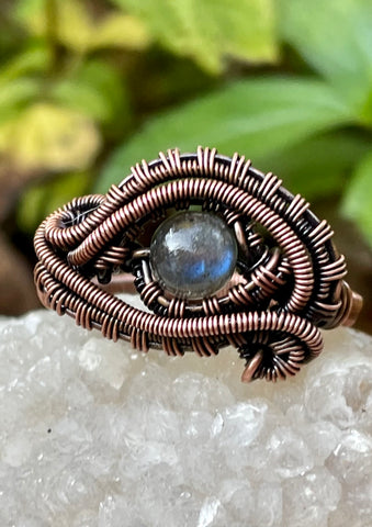 Wire Wrapped Copper and Labradorite Ring - Size 10 1/2