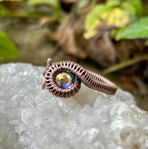Adjustable Swarvoski Crystal and wire wrapped Copper Ring. 