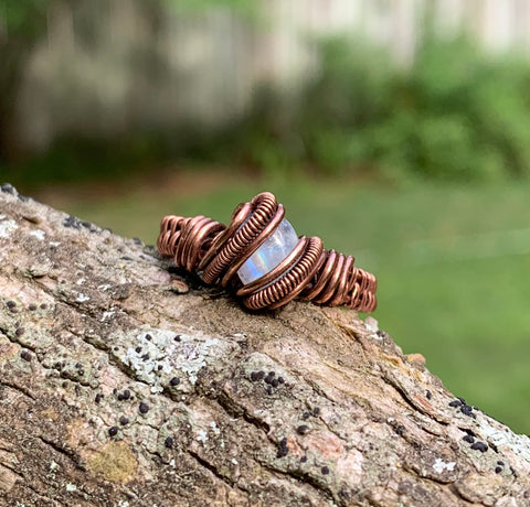 Rainbow Moonstone and Copper Ring - size 6 1/2