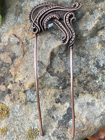 Heavy Gauge Copper Hair Fork with layers of Handwoven Copper and a Crystal Accent. Your hair deserves jewelry too! 