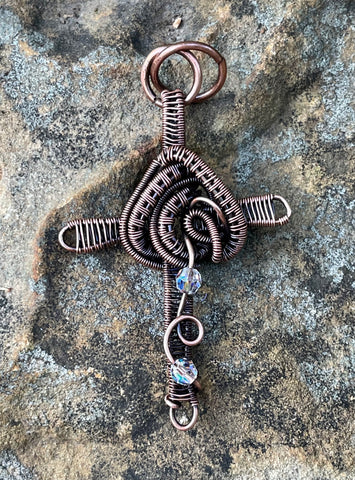 Celtic wire wrapped Copper Cross with Swarovski Crystal Accents. 