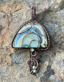 Enchanting Mushroom Pendant in Copper with Imperial Jasper and Glass Bead Accents.