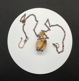 This Picture Jasper Bottle Necklace, with a screw on top,  has been wrapped in hand woven copper wire and attached to a copper chain with handmade clasp. 