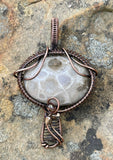Petoskey Stone Mushroom Pendant in Copper with crystal accents.  