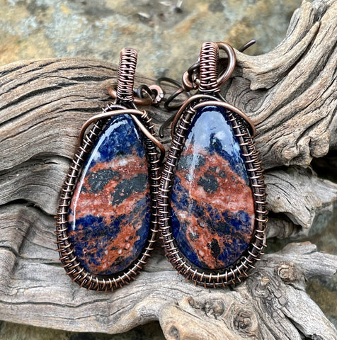 Sodalite Earrings in Wire Wrapped Copper and Niobium Ear Wires.
