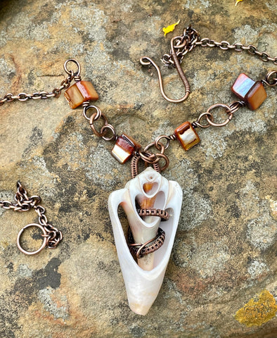 Seashell Slice Necklace in Wire Wrapped Copper with Shell Bead Accents on the chain. 