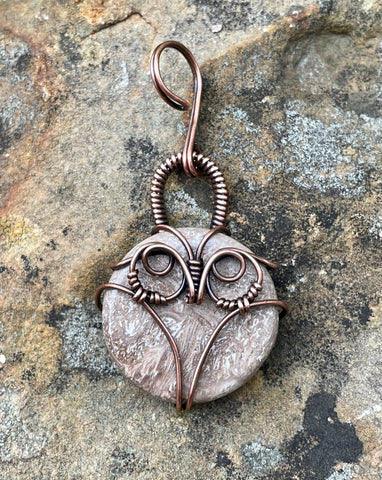 Petrified Wood Whimsical Owl Pendant in Copper. This one reminds me of a Snowy Owl. 