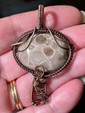 Petoskey Stone Mushroom Pendant in Copper with crystal accents.  