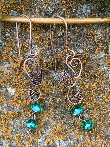 Copper Leaf and Crystal Earrings