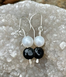 Sterling Silver Black Agate and White Pearl Earrings. 