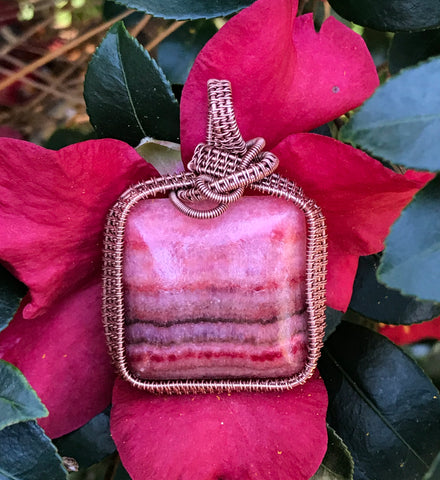 Delightful Pink Striped Rhodochrosite Pendant wrapped in Copper