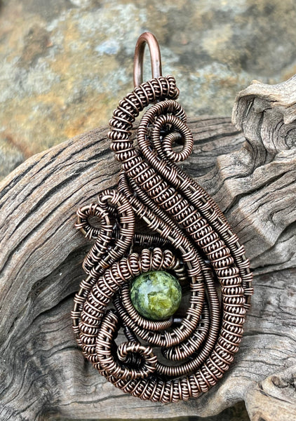 Wire Wrapped Copper and Serpentine Pendant – Monkeylion Designs