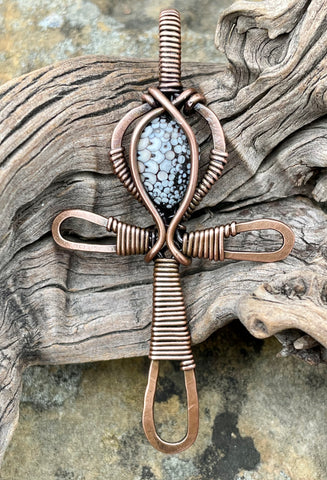 Hammered Copper and wire wrapped Copper Ankh with Snake Skin Stone. 