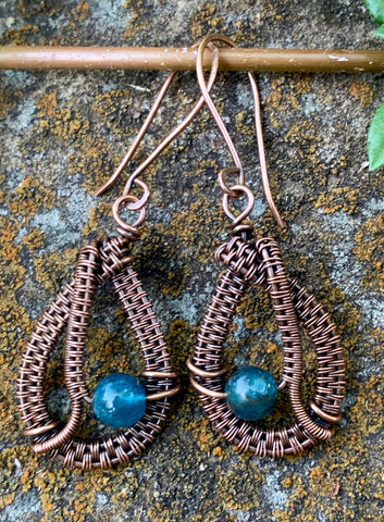 Brilliant teal blue Apatite and handwoven copper earrings on handmade copper ear wires.
