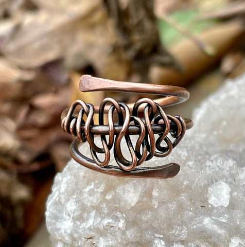 Heavy Gauge Hammered Copper Ring with Copper Weave Accent. 