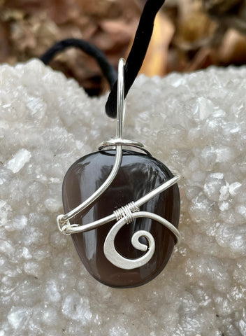 Tumbled Obsidian Necklace in Sterling Silver with 18" Satin Cord with .925 clasp. 